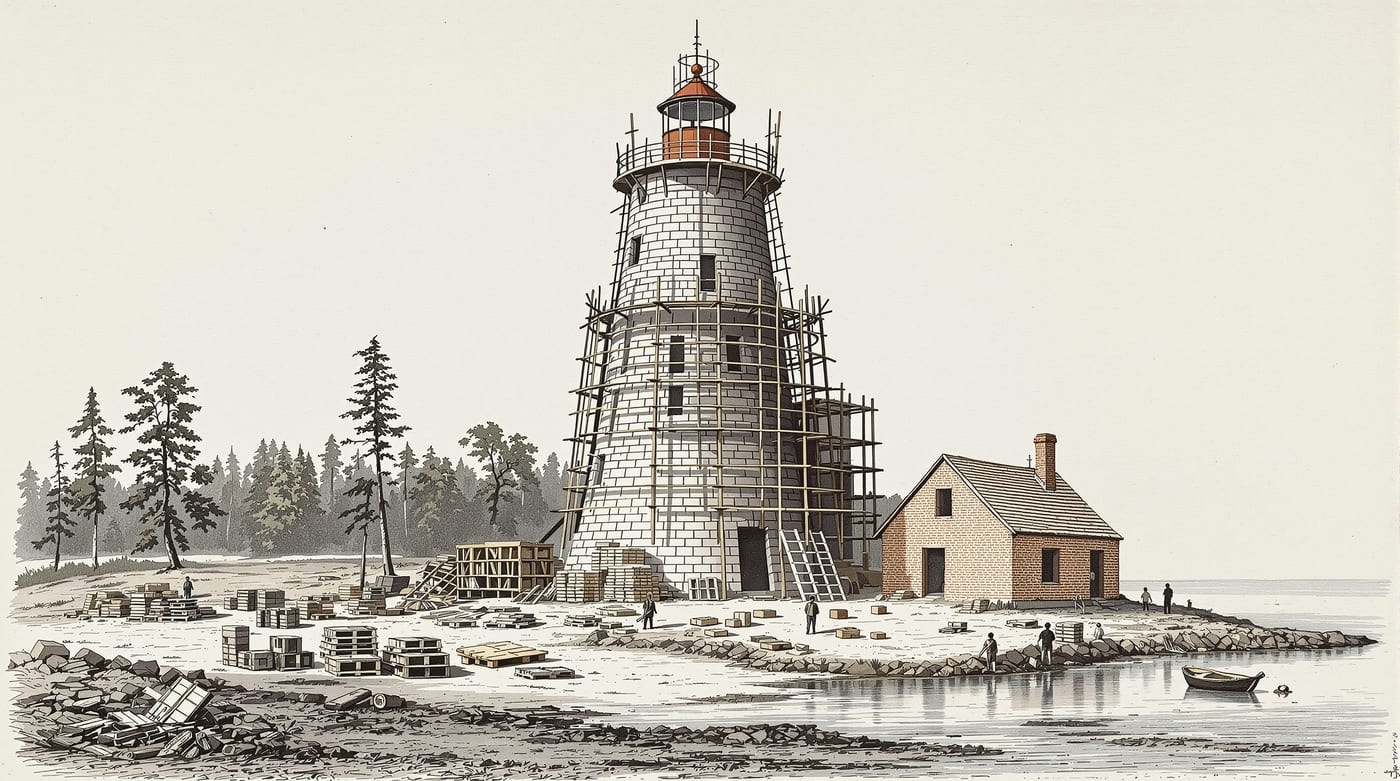 Illustration of a nineteenth-century masonry lighthouse under construction with timber scaffolding, a hoist gin pole, stacked dressed stone and a half-built brick dwelling