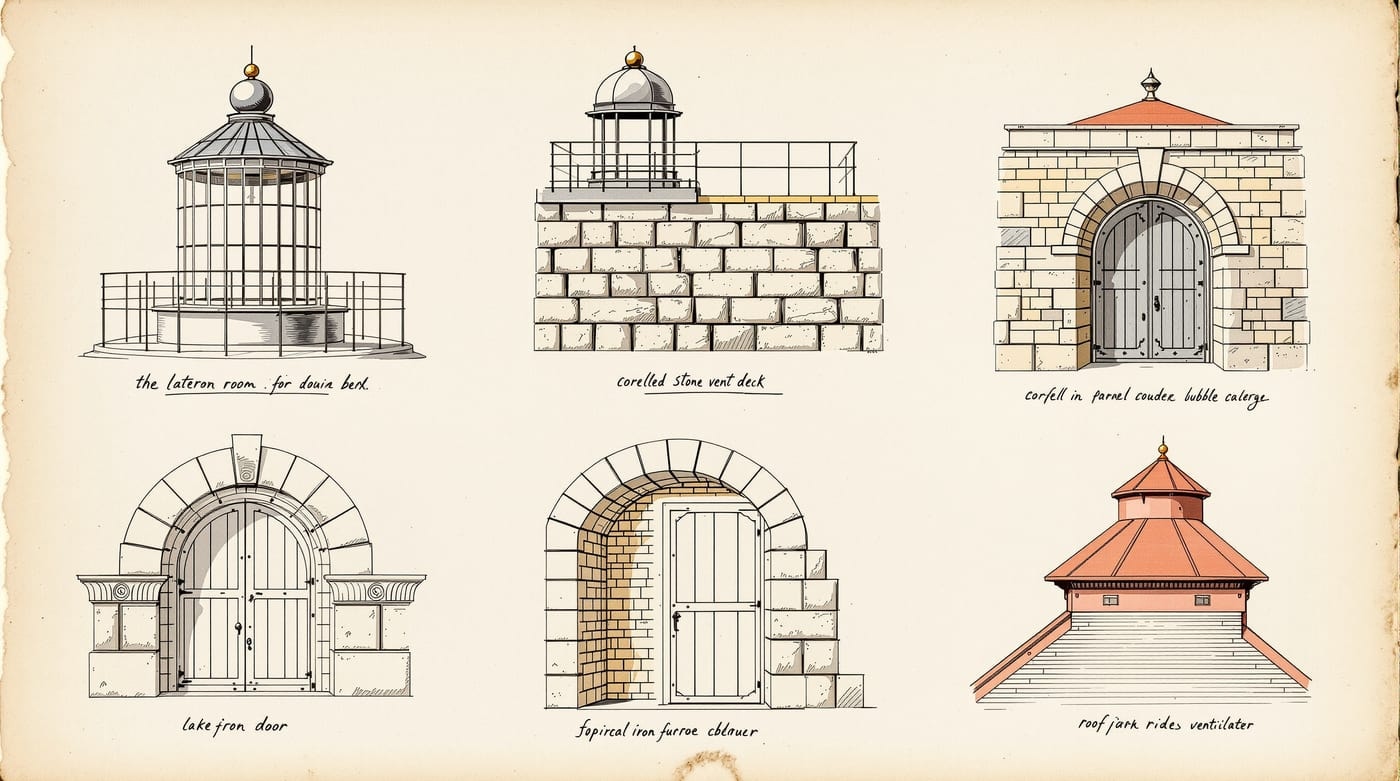 Illustrated detail studies of lighthouse components: lantern room, gallery deck with railing, coursed masonry, arched iron door, spiral stair tread and roof ventilator