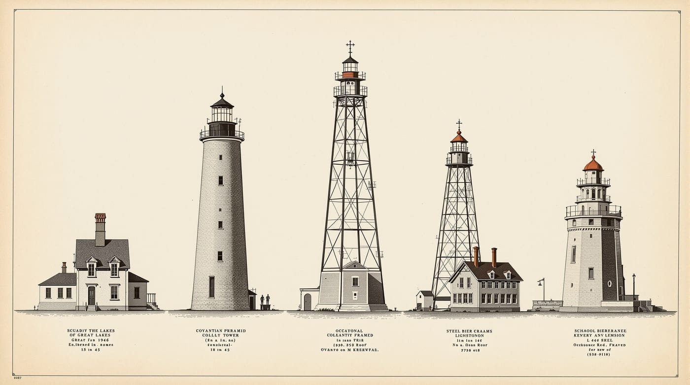 Comparative illustration of five Great Lakes lighthouse forms drawn to the same scale: attached dwelling-and-tower, tall conical tower, skeleton tower, steel pier-head light and schoolhouse type