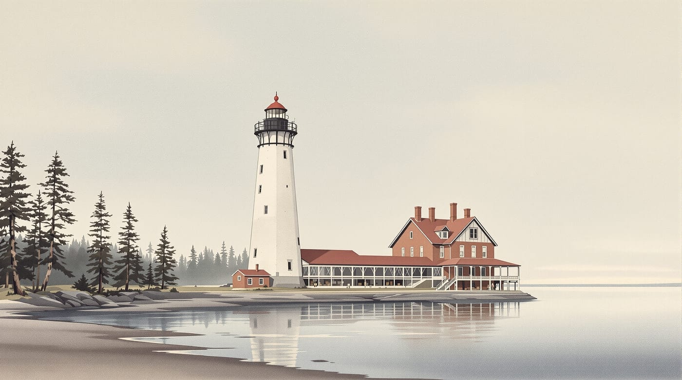 Illustration of a conical masonry light tower attached to a two-storey brick keeper's dwelling on a low forested shoreline, seen from the water