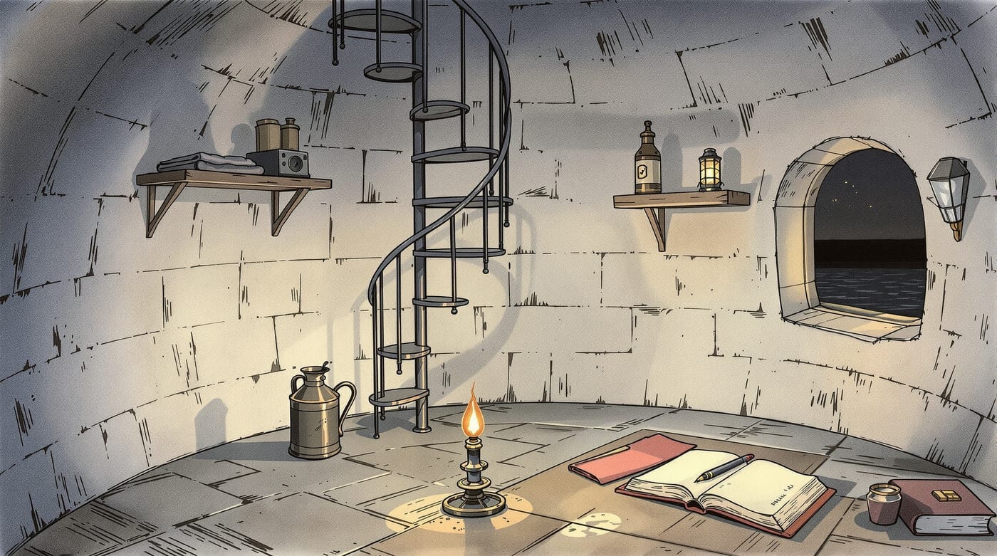 Illustration of a lighthouse watch room at night: curving whitewashed wall, iron spiral stair, oil can, trimmed lamp and an open logbook by lamplight