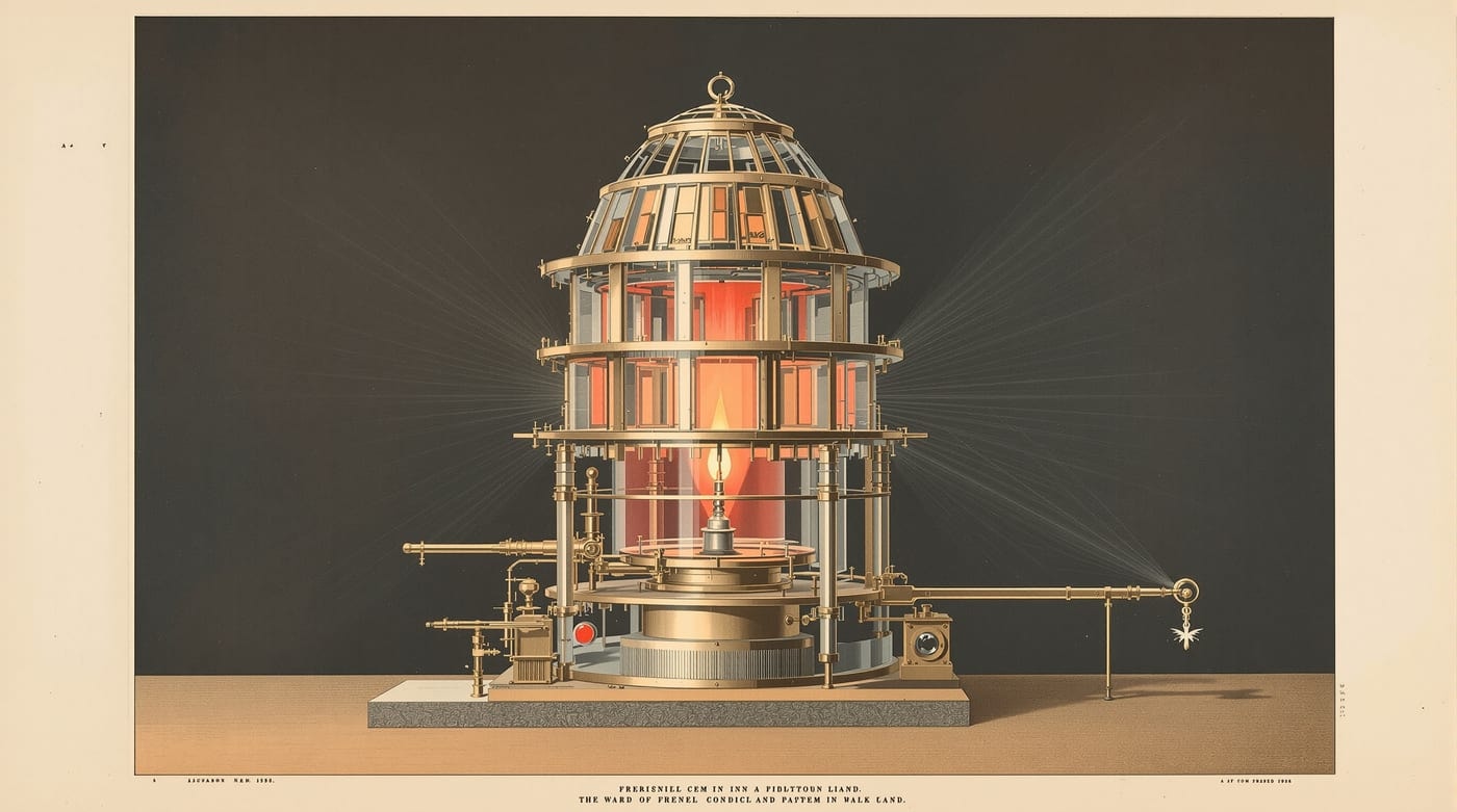 Cutaway illustration of a small Fresnel lighthouse lens: concentric annular glass prisms in a brass framework with bullseye flash panels and a central oil lamp
