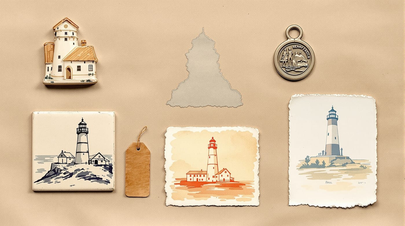 Illustration of a lighthouse motif rendered five different ways: painted ceramic tile, carved wooden figure, pressed tin ornament, stamped metal charm and a watercolour card