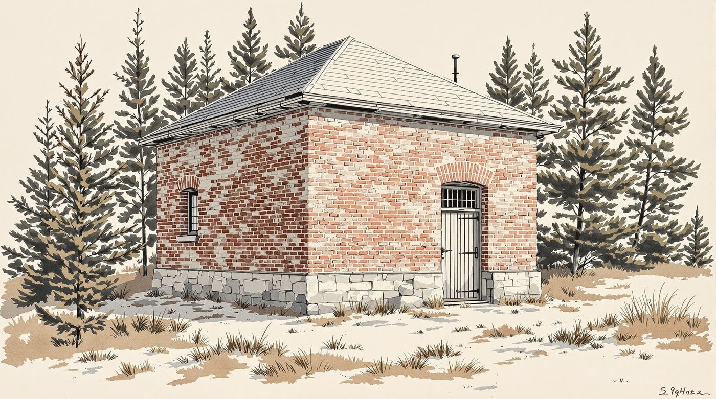 Illustration of a small square brick oil house with a heavy iron door and a single barred window, set on rough grass among birch trees