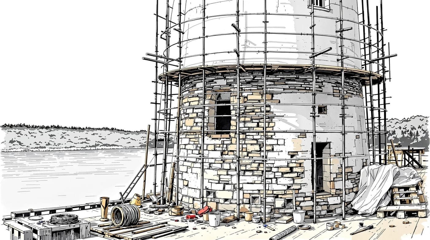 Illustration of conservation work on a masonry lighthouse tower: scaffolding, a section of stonework stripped back for repointing, mortar tubs and hand tools on plank staging