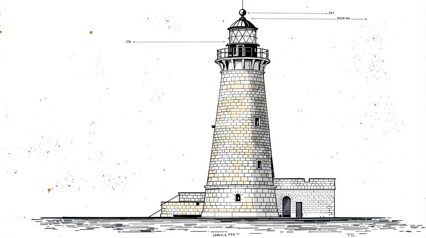 Measured elevation drawing of a tapering conical lighthouse tower with a cast-iron lantern room and gallery railing