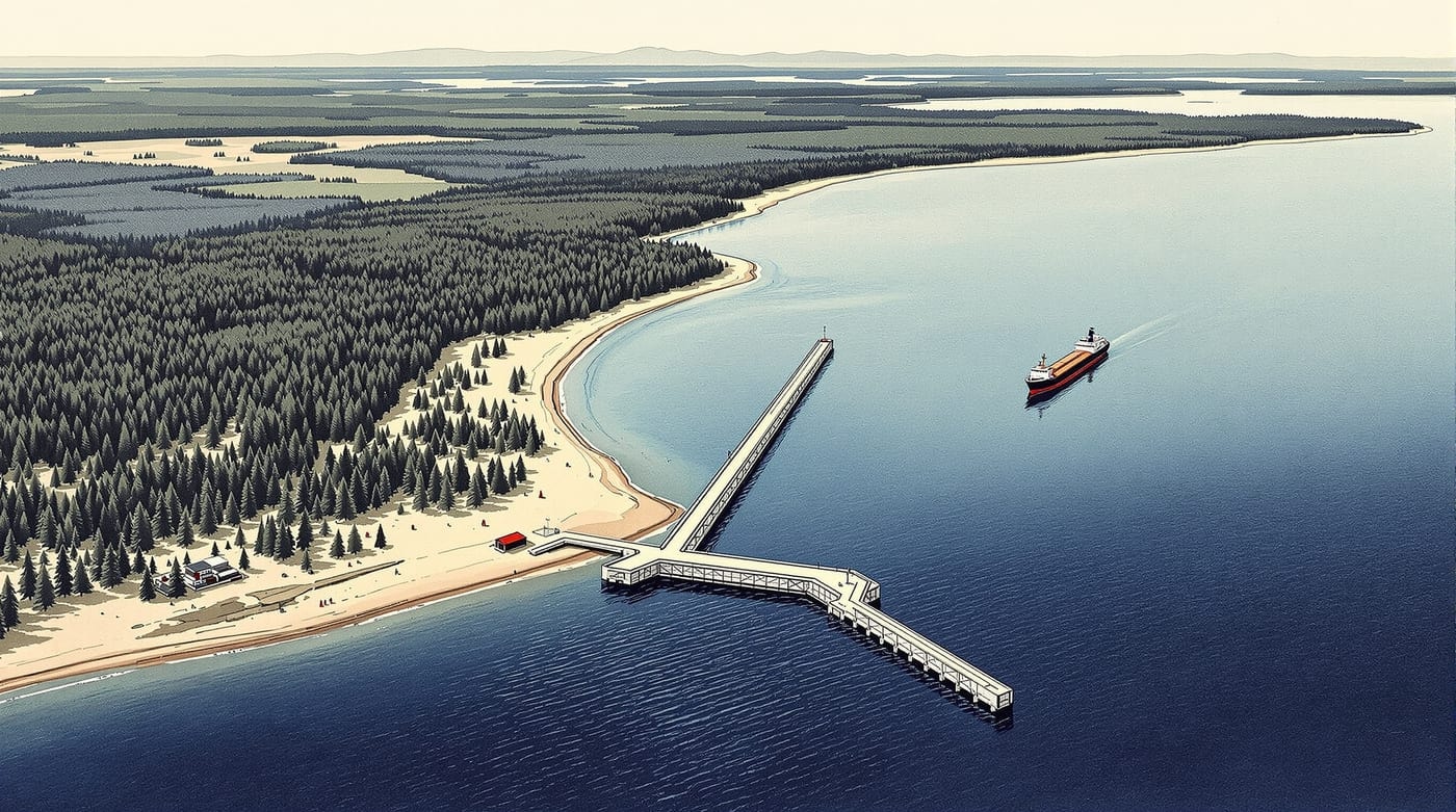 Illustrated aerial view of a wide bay meeting a dredged canal entrance protected by long stone breakwater piers, with forested shoreline and distant hills