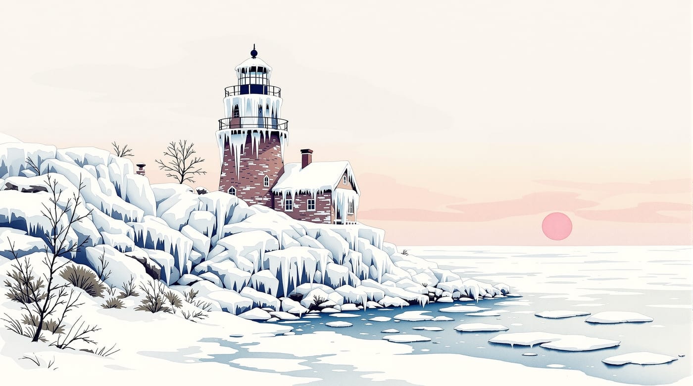 Illustration of a lakeside light station glazed in ice, with icicles on the lantern gallery and heaved pack ice along the shore at winter sunrise